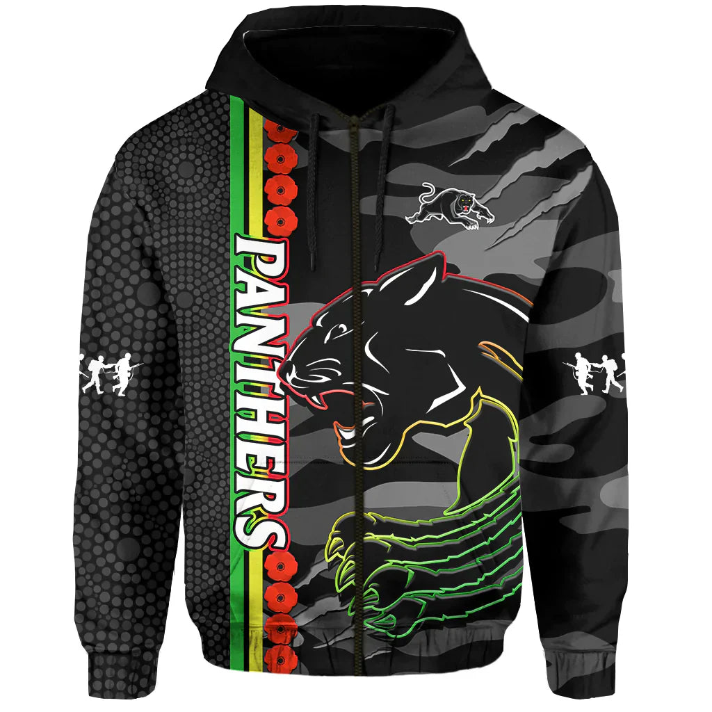Panthers Rugby ANZAC Hoodie Aboriginal Mix Poppy Camouflage Black - Vibe Hoodie Shop