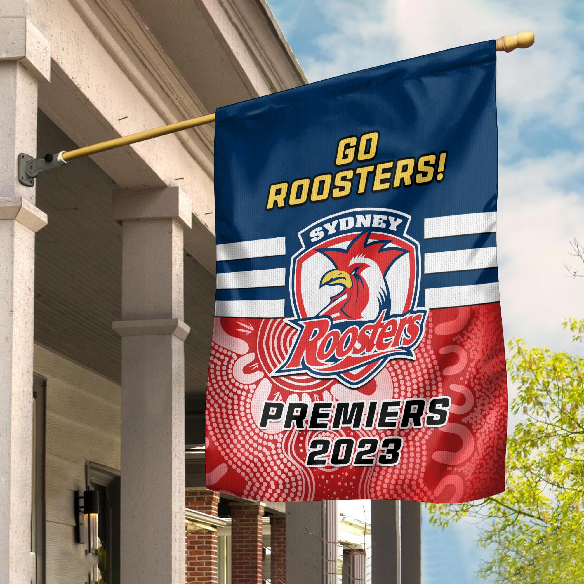 Roosters Rugby Garden Flag Aboriginal Go Premiers 2023 - Vibe Hoodie Shop