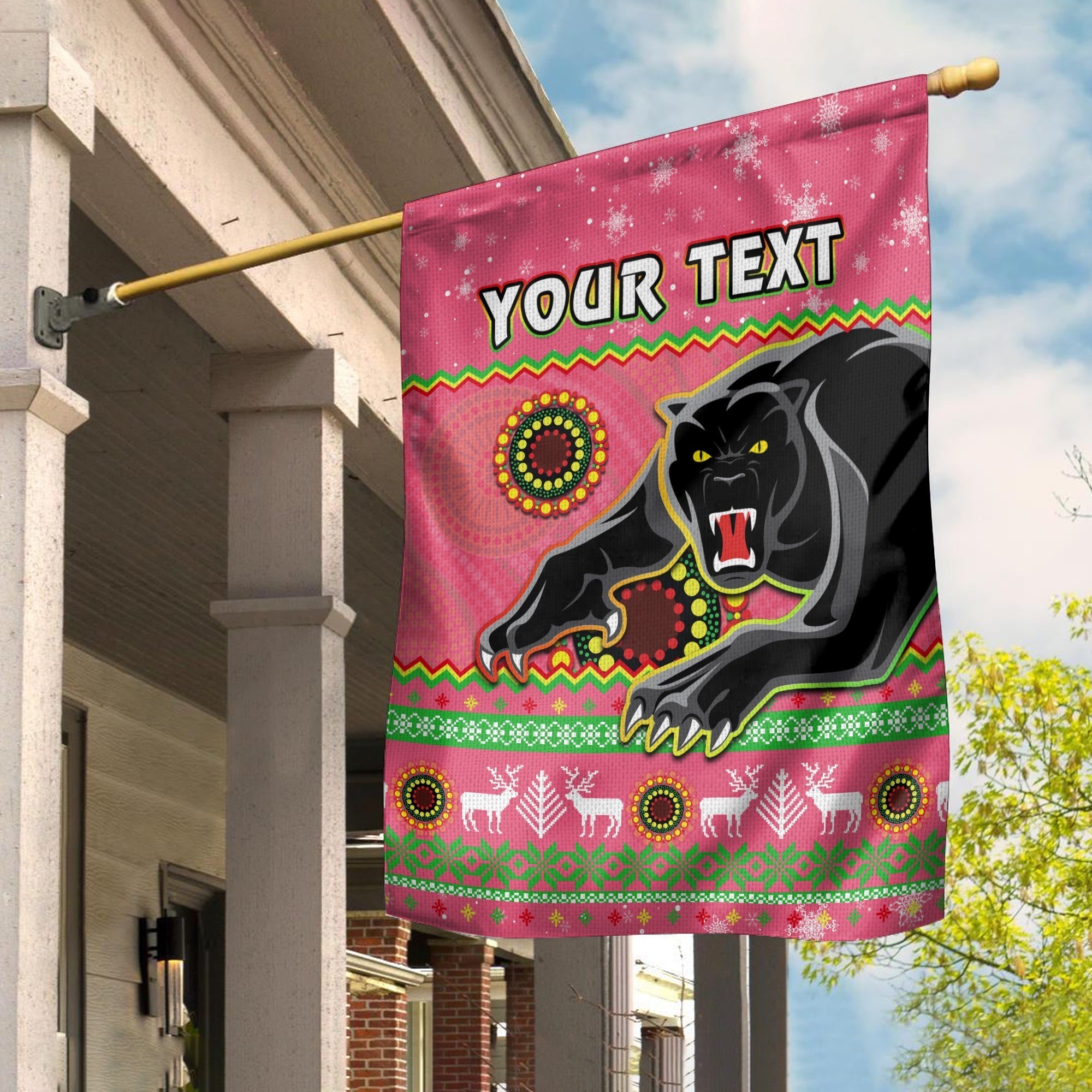 (Custom Personalised) Panthers Christmas Flag Aboriginal Pattern Penrith Pink Version - Vibe Hoodie Shop