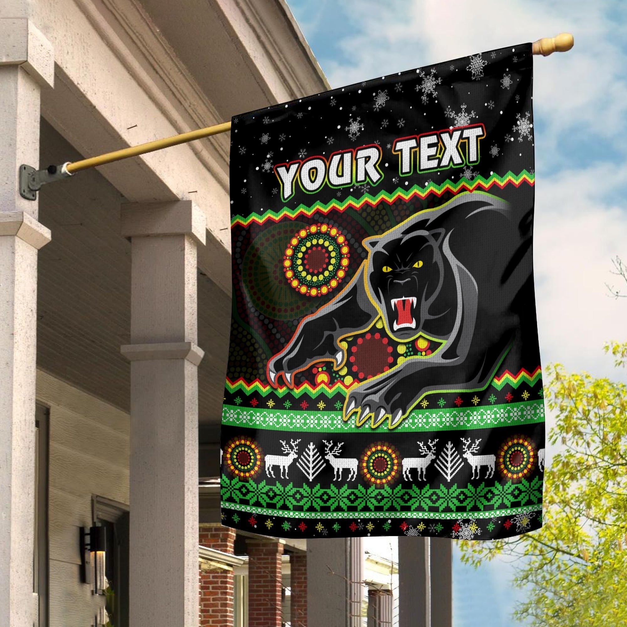 (Custom Personalised) Panthers Christmas Flag Aboriginal Pattern Penrith Black Version - Vibe Hoodie Shop