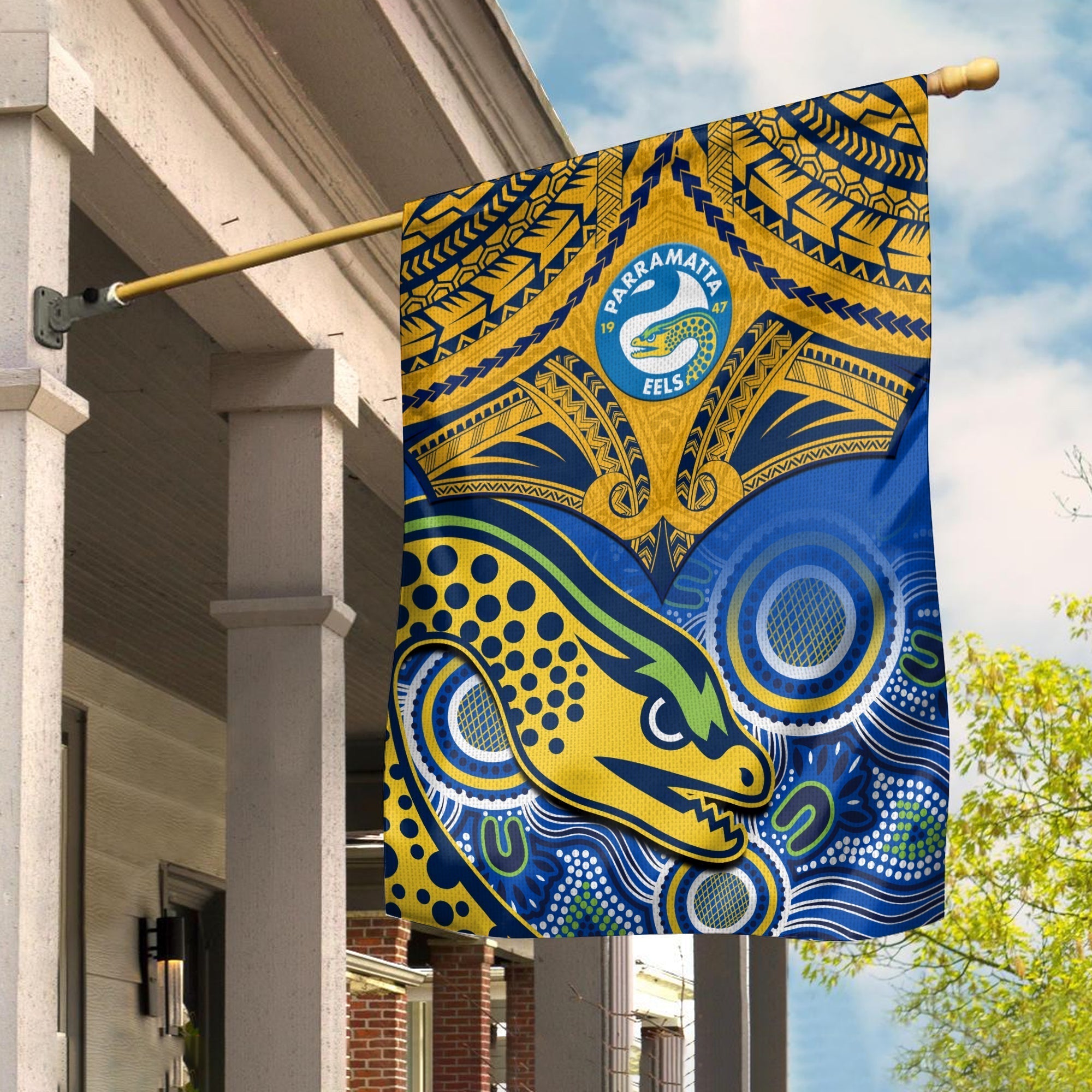 Parramatta Rugby 2023 Flag Go Eels Polynesian Mix Indigenous Art - Vibe Hoodie Shop