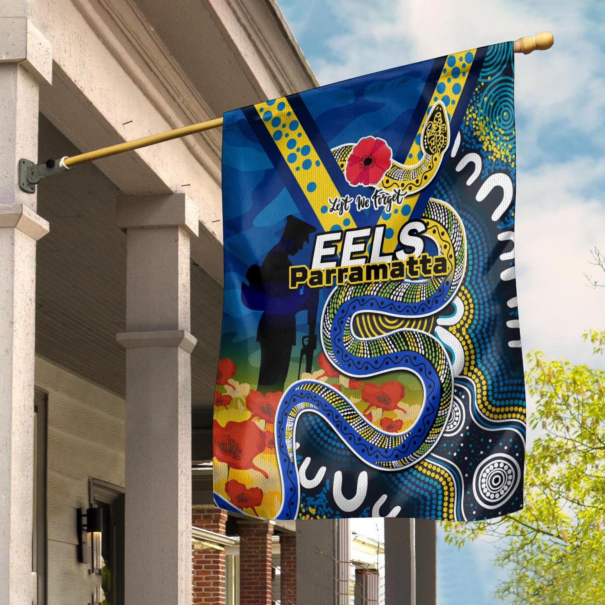 Eels Rugby ANZAC 2023 Flag Aboriginal Mix Poppy Lest We Forget - Vibe Hoodie Shop