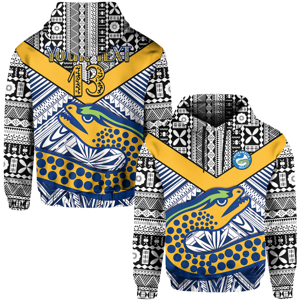 Custom Text and Number Eels Rugby Hoodie Polynesian Tapa Pattern Premiers LT13 - Vibe Hoodie Shop