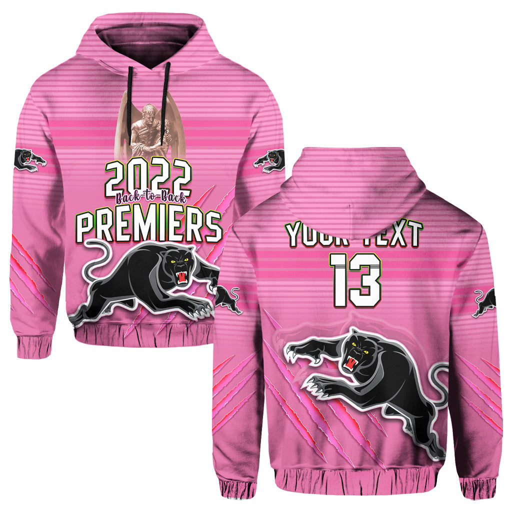 Custom Text and Number Panthers Proud Hoodie Back to Back Premiers 2022 Version Pink LT13 - Vibe Hoodie Shop