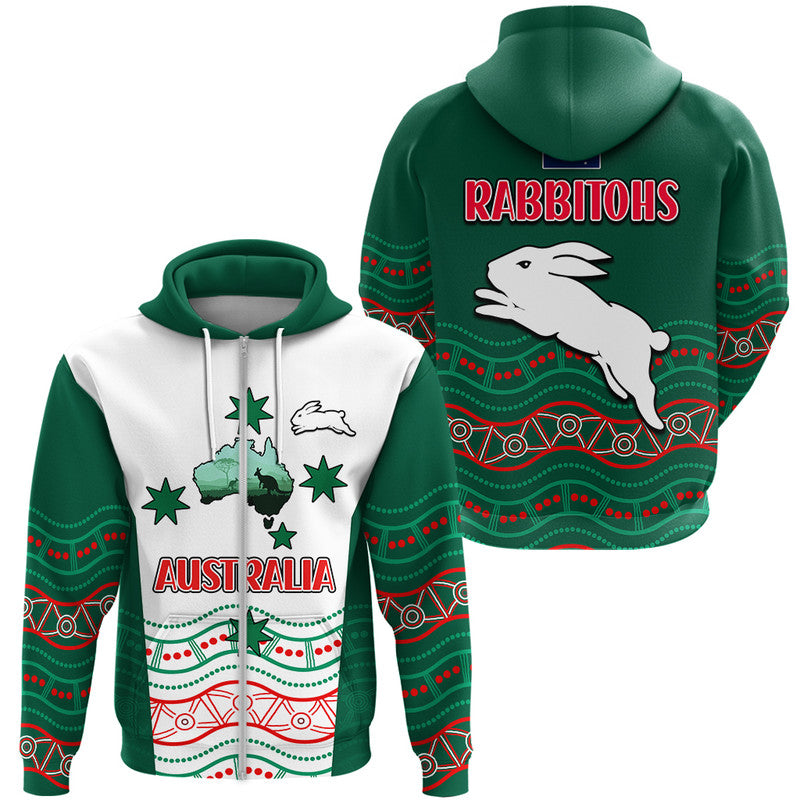 Rabbitohs Australia Day Zip Up And Pullover Hoodie Flag Map and Aboriginal Wave LT9 - Vibe Hoodie Shop