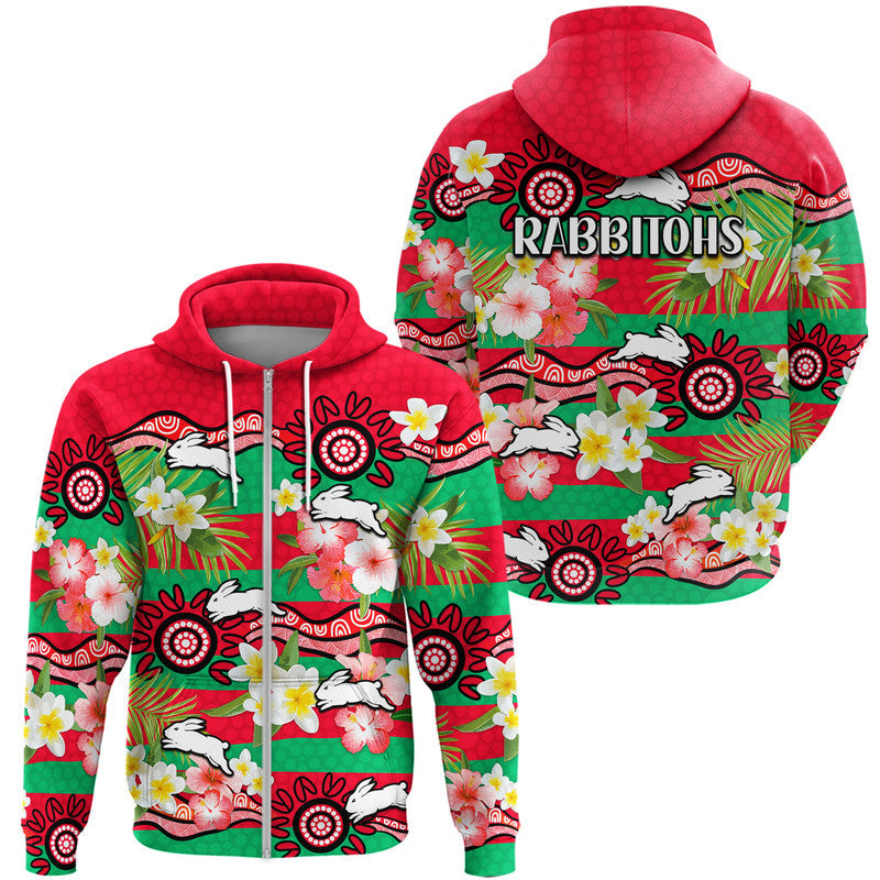 Rabbitohs Rugby Zip Up And Pullover Hoodie Tropical Flowers And Palm Hawaiian Style LT9 - Vibe Hoodie Shop