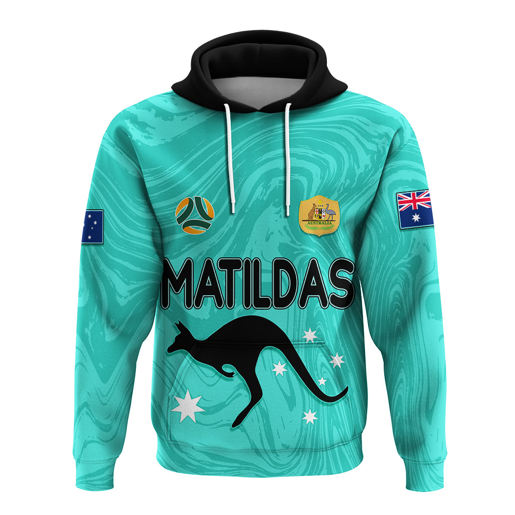 Personalised Aussie Matildas Hoodie 2023 Women World Cup Marble Patterns - Turquoise LT7 - Vibe Hoodie Shop