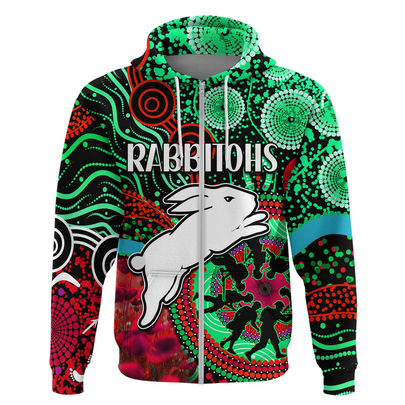 Rabbitohs Rugby ANZAC Zip Up And Pullover Hoodie Aboriginal Military and Poppy Flowers LT9 - Vibe Hoodie Shop