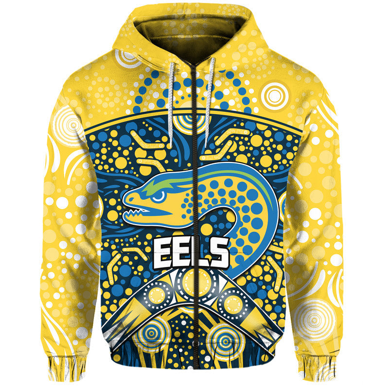 Parramatta Eels Rugby Zip Up And Pullover Hoodie Boomerang Indigenous Dots LT9 - Vibe Hoodie Shop