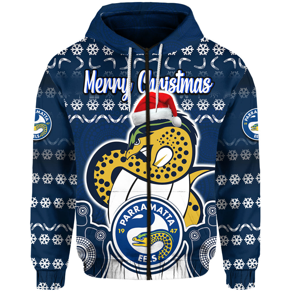 Parramatta Eels Christmas Vibe With Aboriginal Dot Panting Style Zip Up And Pullover Hoodie LT9 - Vibe Hoodie Shop