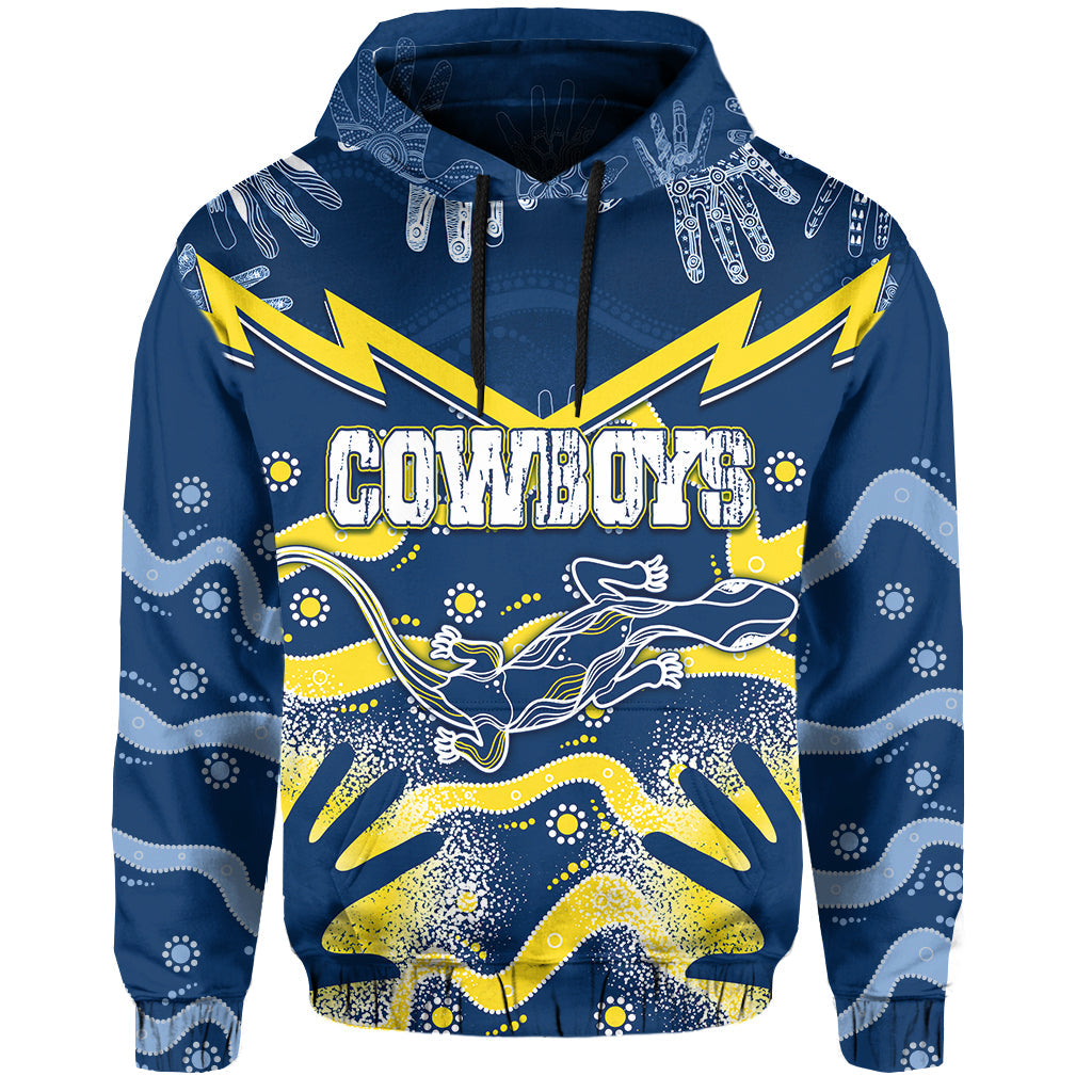 Personalised Cowboys Rugby Indigenous Hoodie Lizard Mix Hand Stencils LT7 - Vibe Hoodie Shop