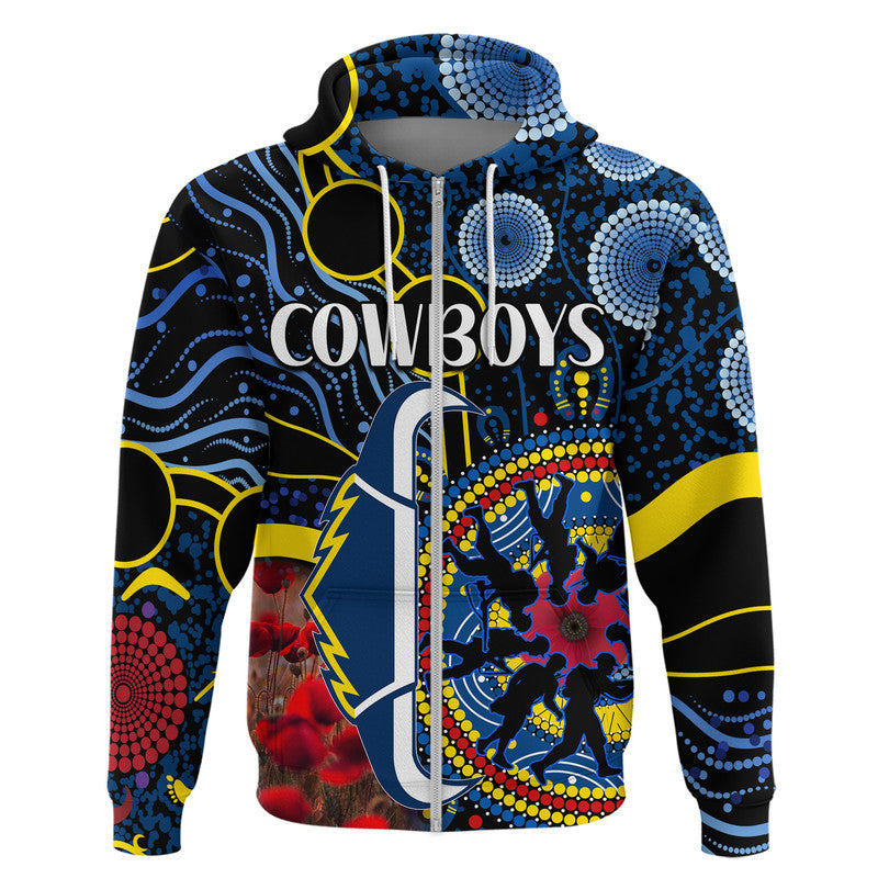 (Custom Personalised) Cowboys Rugby ANZAC Zip Up And Pullover Hoodie Aboriginal Military and Poppy Flowers LT9 - Vibe Hoodie Shop