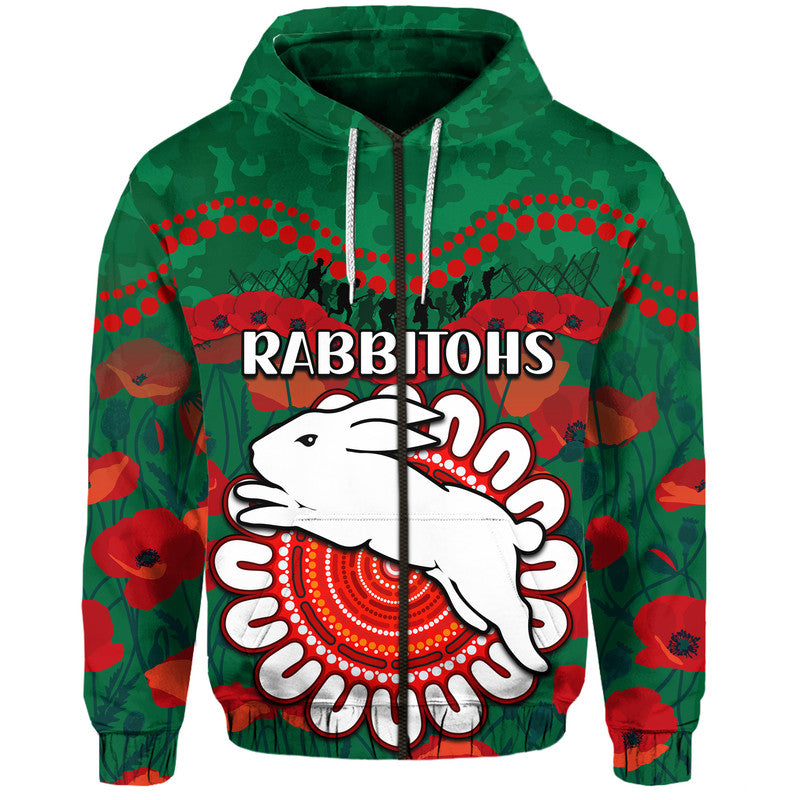 Rabbitohs Rugby ANZAC Zip Up And Pullover Hoodie Camouflage Poppy LT9 - Vibe Hoodie Shop