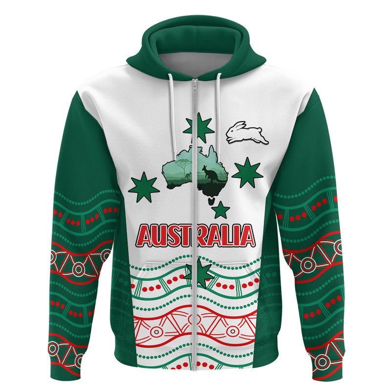 (Custom Personalised) Rabbitohs Australia Day Zip Up And Pullover Hoodie Flag Map and Aboriginal Wave LT9 - Vibe Hoodie Shop