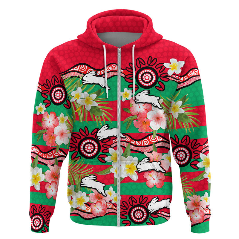 Rabbitohs Rugby Zip Up And Pullover Hoodie Tropical Flowers And Palm Hawaiian Style LT9 - Vibe Hoodie Shop
