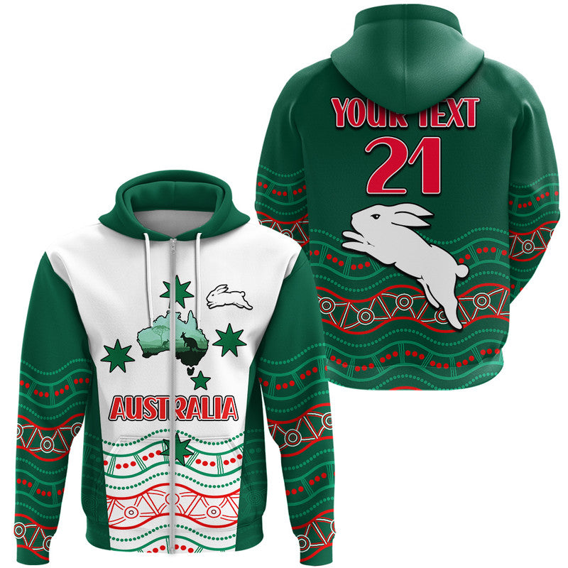 (Custom Personalised) Rabbitohs Australia Day Zip Up And Pullover Hoodie Flag Map and Aboriginal Wave LT9 - Vibe Hoodie Shop