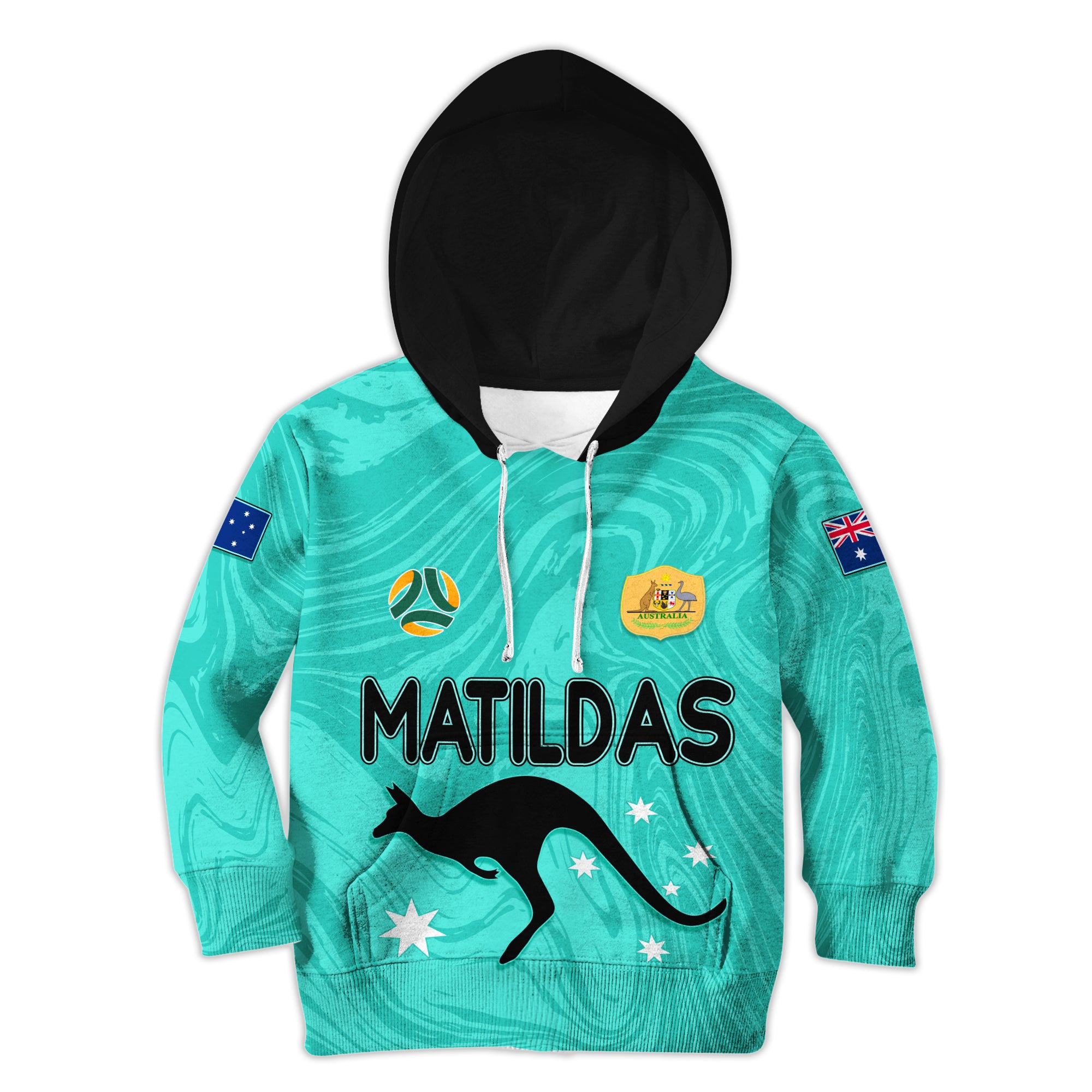 Personalised Aussie Matildas Kid Hoodie 2023 Women World Cup Marble Patterns - Turquoise - Vibe Hoodie Shop