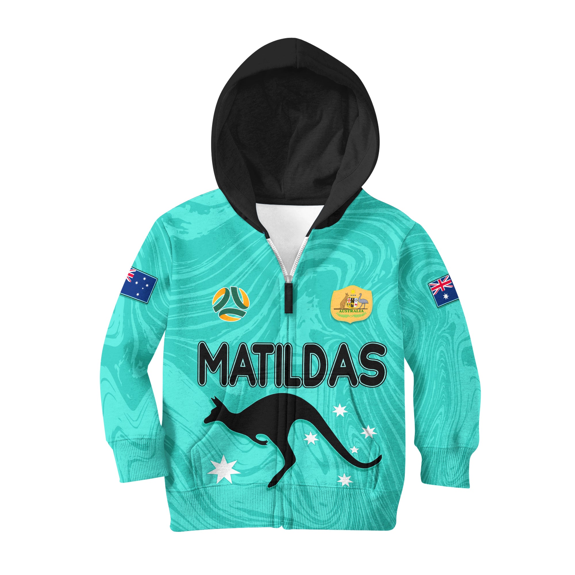 Personalised Aussie Matildas Kid Hoodie 2023 Women World Cup Marble Patterns - Turquoise - Vibe Hoodie Shop