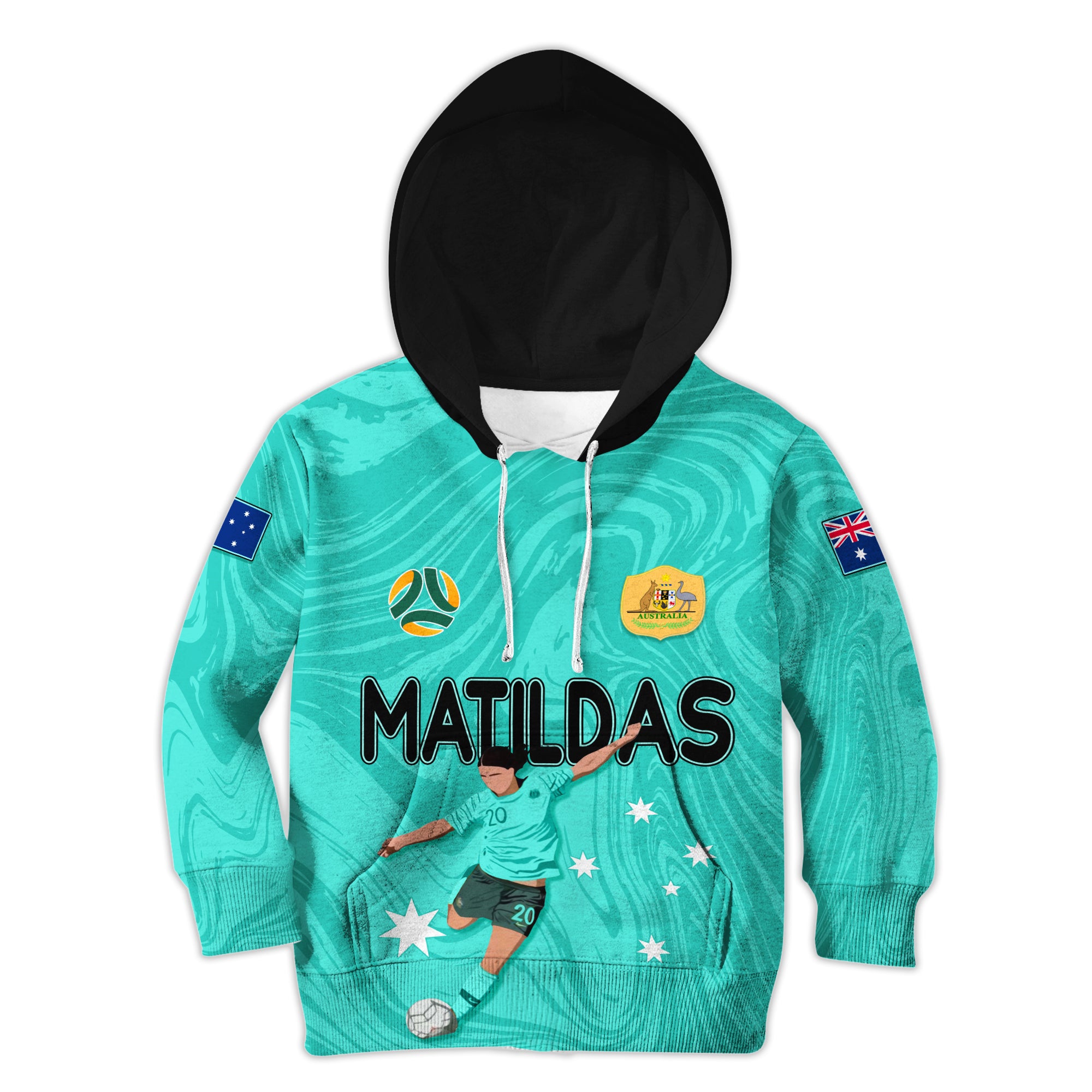 Personalised Aussie Matildas Kid Hoodie 2023 Sam Kerr World Cup Marble Patterns - Turquoise - Vibe Hoodie Shop