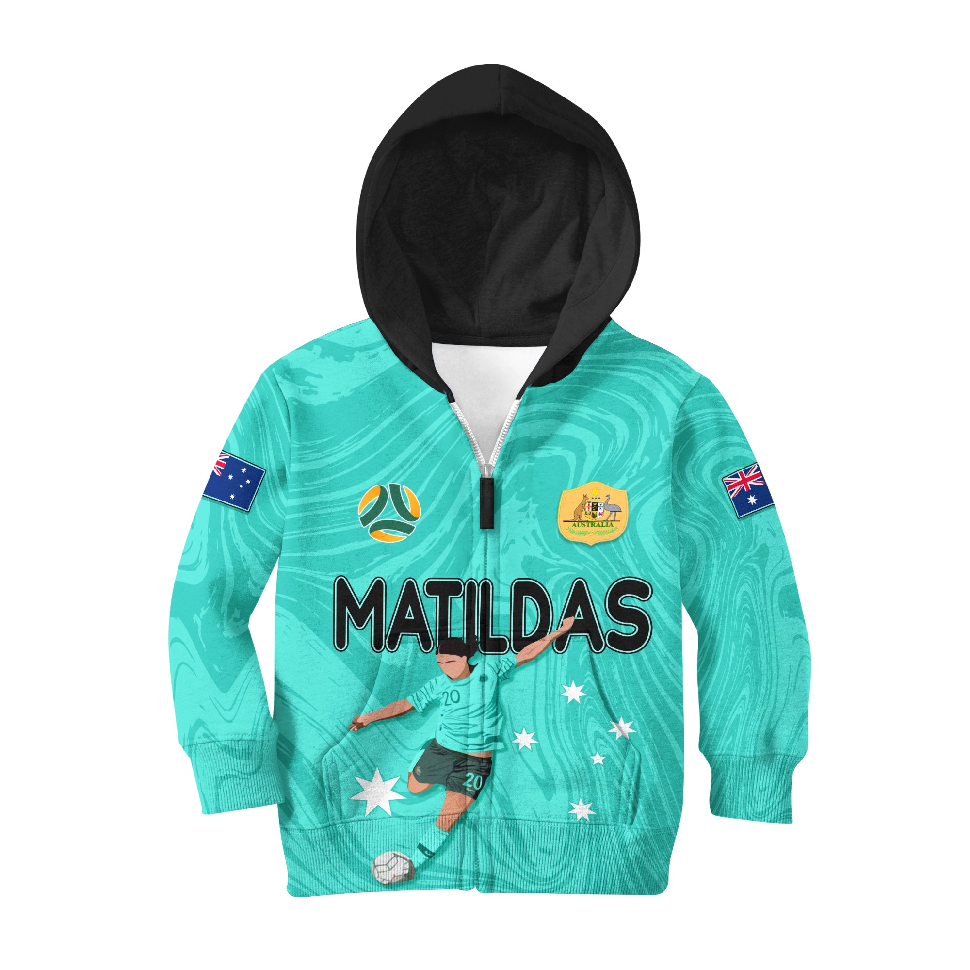 Personalised Aussie Matildas Kid Hoodie 2023 Sam Kerr World Cup Marble Patterns - Turquoise - Vibe Hoodie Shop