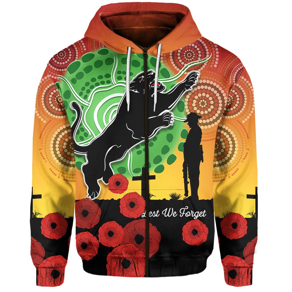 (Custom Personalised) Panthers ANZAC Day Zip Hoodie Mix Indigenous Lest We Forget - Vibe Hoodie Shop