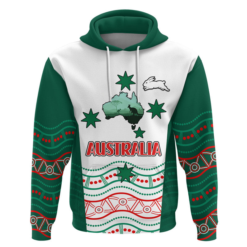 (Custom Personalised) Rabbitohs Australia Day Zip Up And Pullover Hoodie Flag Map and Aboriginal Wave LT9 - Vibe Hoodie Shop