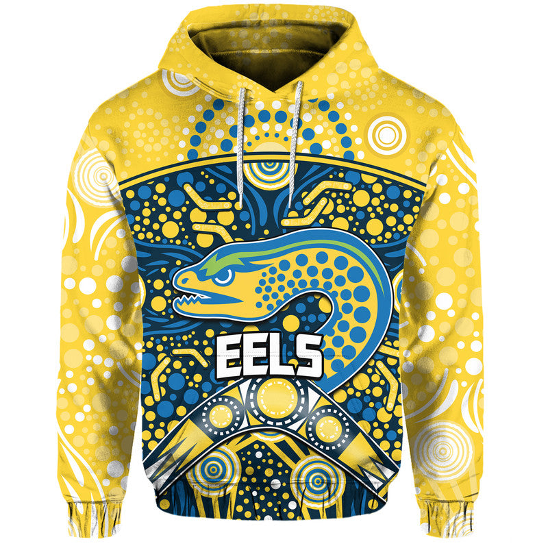 (Custom Personalised) Parramatta Eels Rugby Zip Up And Pullover Hoodie Boomerang Indigenous Dots LT9 - Vibe Hoodie Shop