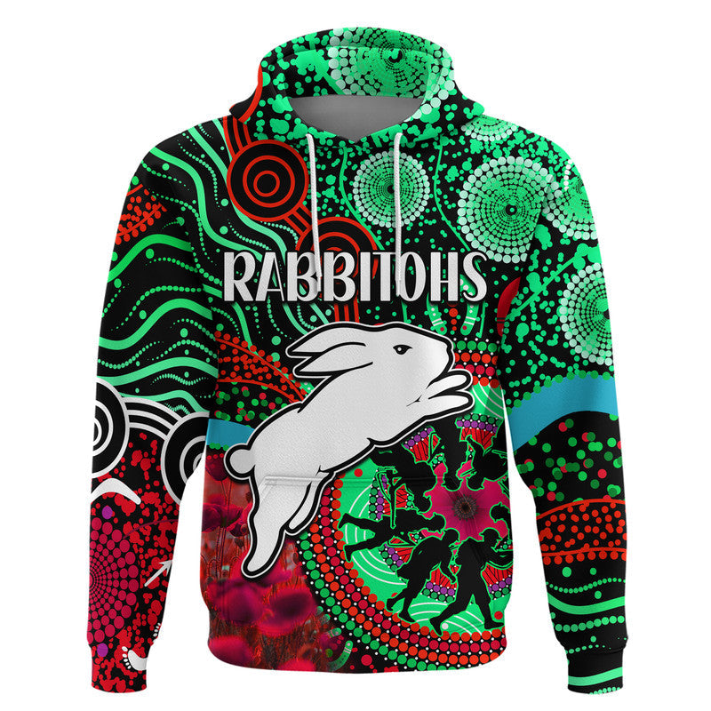 Rabbitohs Rugby ANZAC Zip Up And Pullover Hoodie Aboriginal Military and Poppy Flowers LT9 - Vibe Hoodie Shop