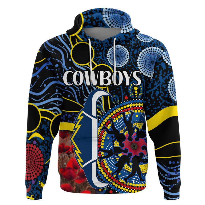 (Custom Personalised) Cowboys Rugby ANZAC Zip Up And Pullover Hoodie Aboriginal Military and Poppy Flowers LT9 - Vibe Hoodie Shop