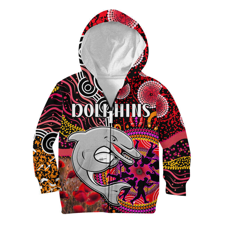 custom-personalised-dolphins-rugby-anzac-kid-hoodie-aboriginal-military-and-poppy-flowers