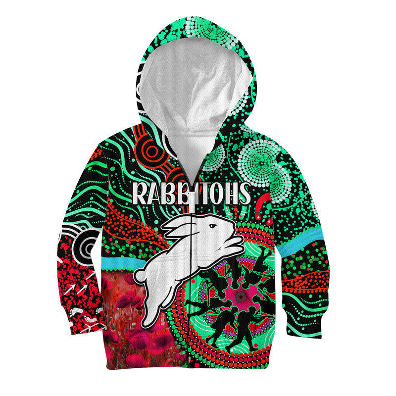 (Custom Personalised) Rabbitohs Rugby ANZAC Kid Hoodie Aboriginal Military and Poppy Flowers - Vibe Hoodie Shop