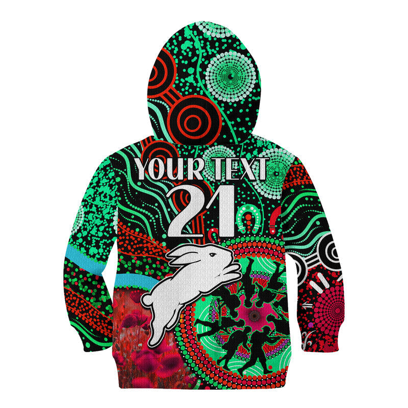 (Custom Personalised) Rabbitohs Rugby ANZAC Kid Hoodie Aboriginal Military and Poppy Flowers - Vibe Hoodie Shop