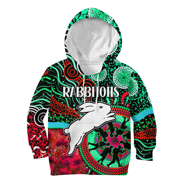 Rabbitohs Rugby ANZAC Kid Hoodie Aboriginal Military and Poppy Flowers - Vibe Hoodie Shop