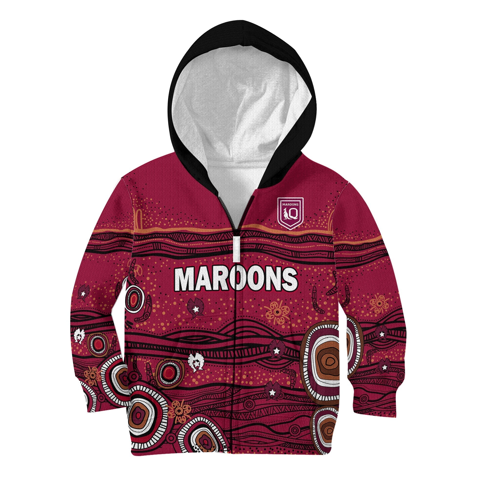 (Custom Text and Number) QLD Maroons Rugby Hoodie KID Indigenous - Vibe Hoodie Shop