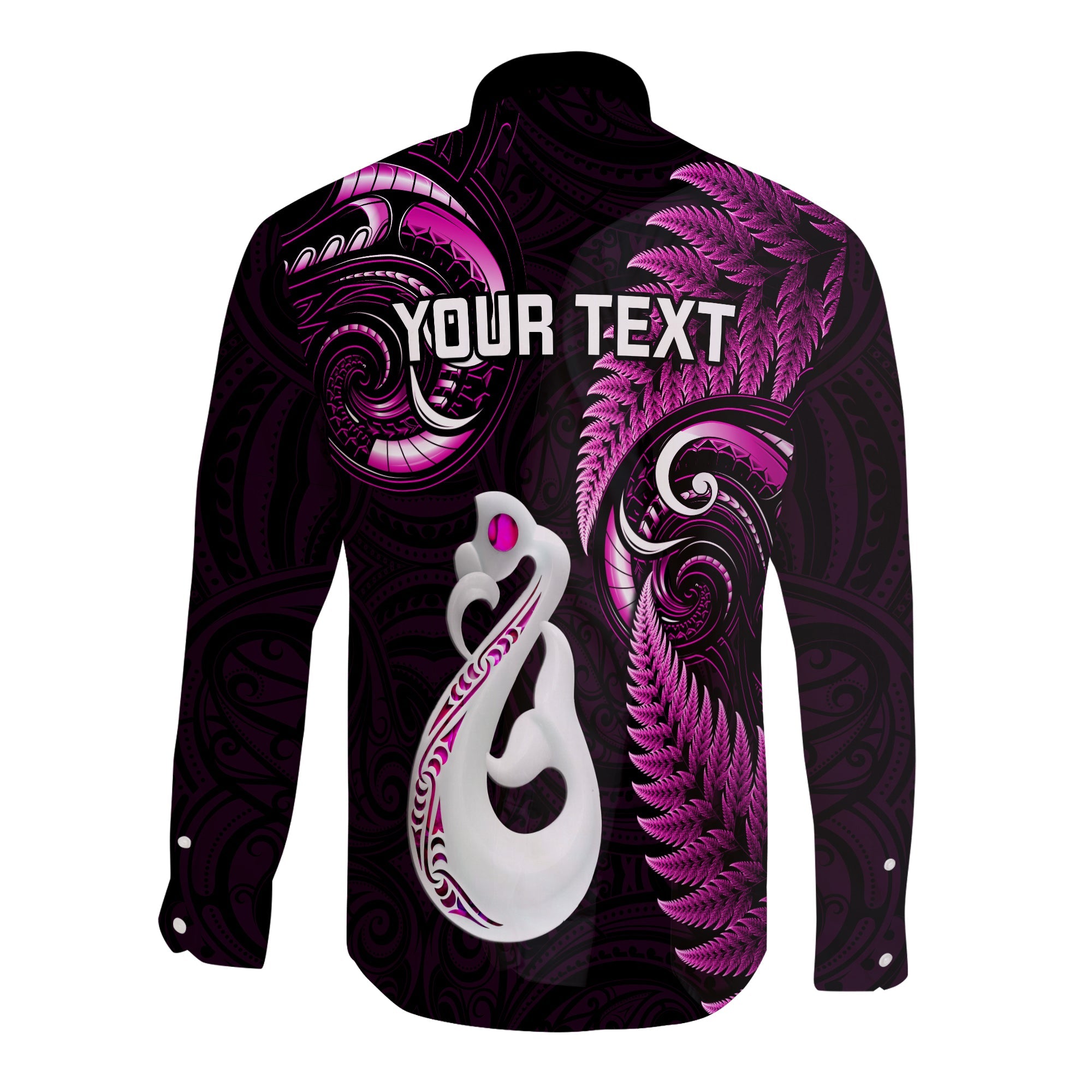 Personalised New Zealand Long Sleeve Button Shirt Aotearoa Silver Fern With Manaia Maori Unique Pink - Vibe Hoodie Shop