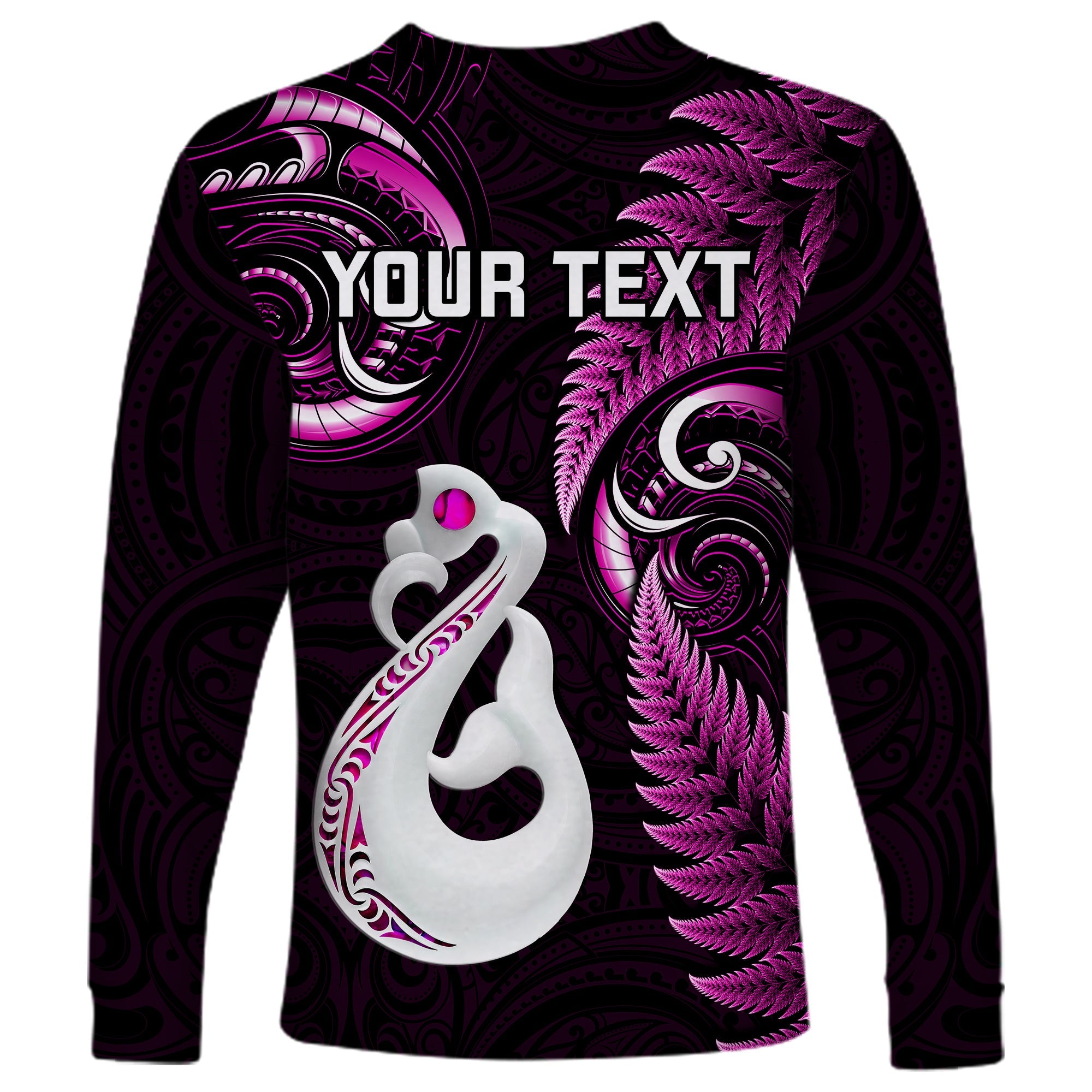 Personalised New Zealand Long Sleeve Shirt Aotearoa Silver Fern With Manaia Maori Unique Pink - Vibe Hoodie Shop