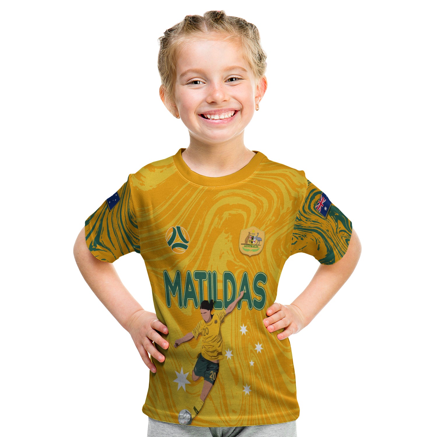 Personalised Aussie Matildas Kid T shirt 2023 Sam Kerr World Cup Marble Patterns - Vibe Hoodie Shop