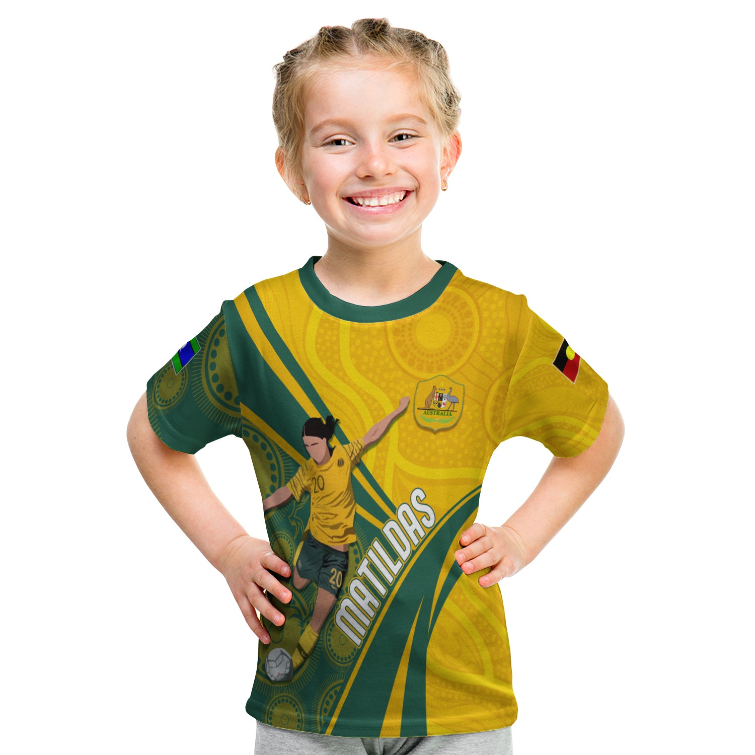 Personalised Australia Soccer Matildas Indigenous Kid T shirt Sam Kerr World Cup 2023 - Vibe Hoodie Shop