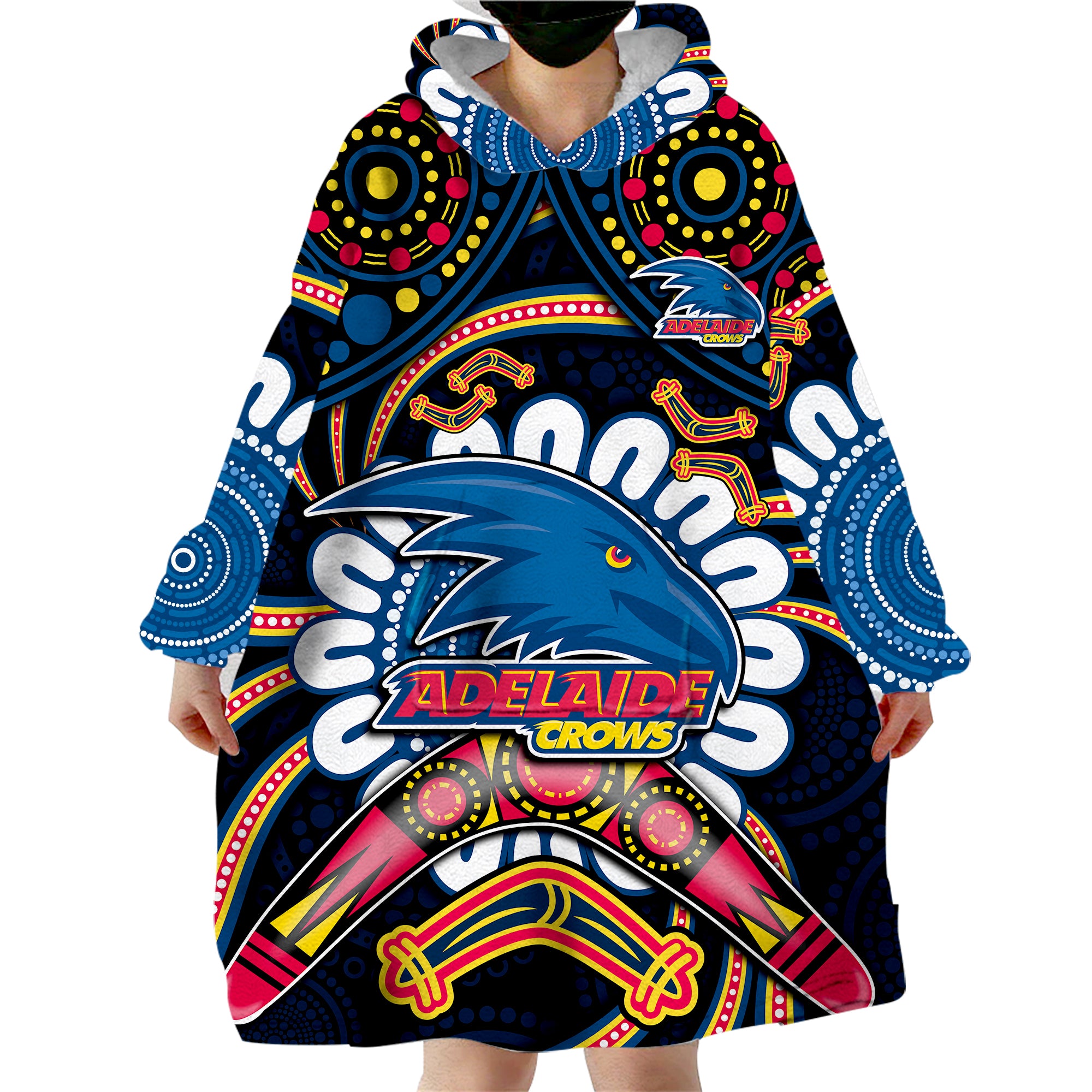 Custom Adelaide Crows Football Wearable Blanket Hoodie Boomerang Indigenous Dots - Vibe Hoodie Shop