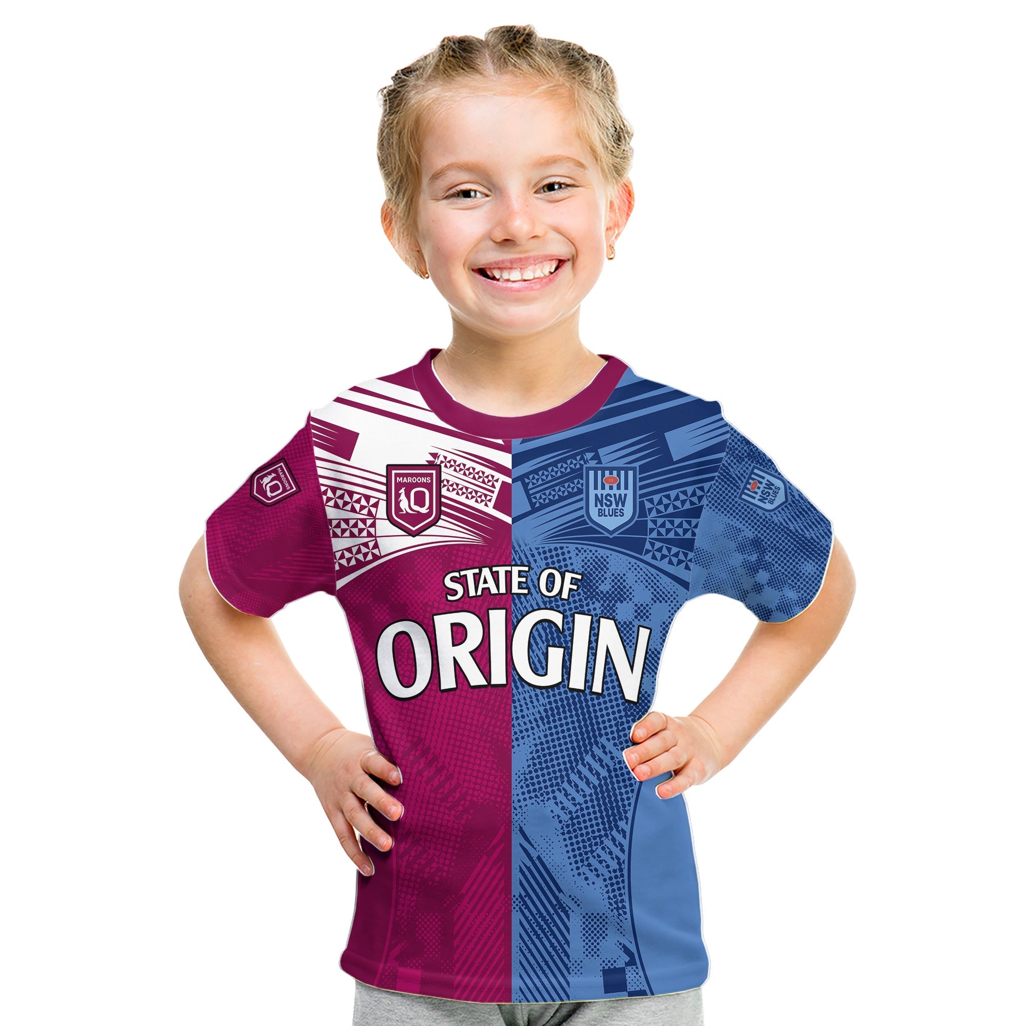 Blues and Maroons Rugby Kid T Shirt State of Origin NSW Combine QLD Sporty Style 2023 - Vibe Hoodie Shop