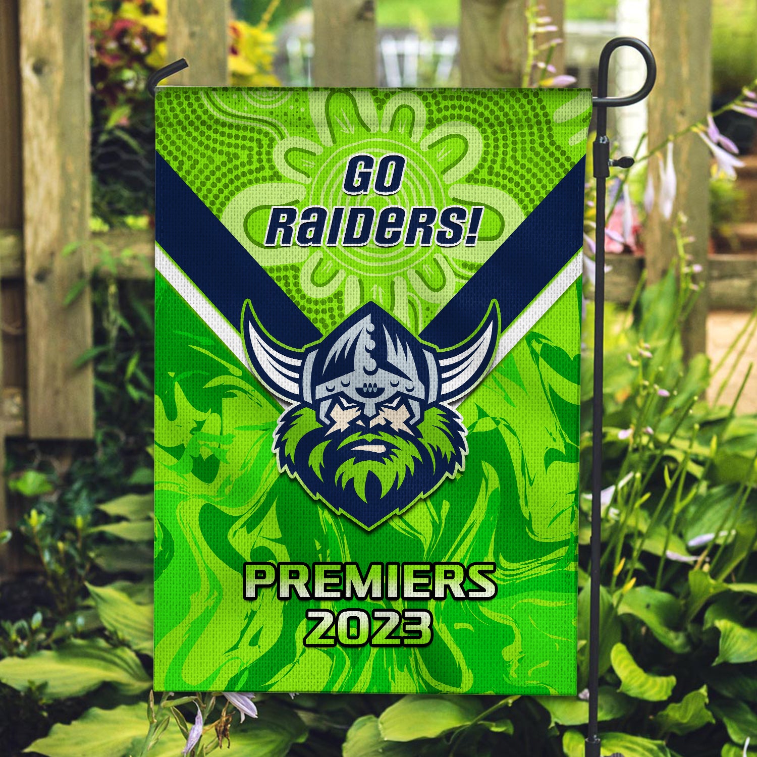 Raiders Rugby Garden Flag Aboriginal Go Premiers 2023 - Vibe Hoodie Shop