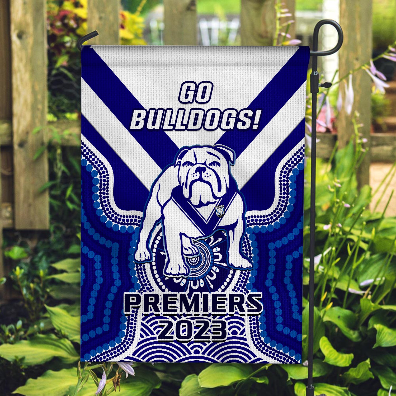 Bulldogs Rugby Garden Flag Aboriginal Go Premiers 2023 - Vibe Hoodie Shop