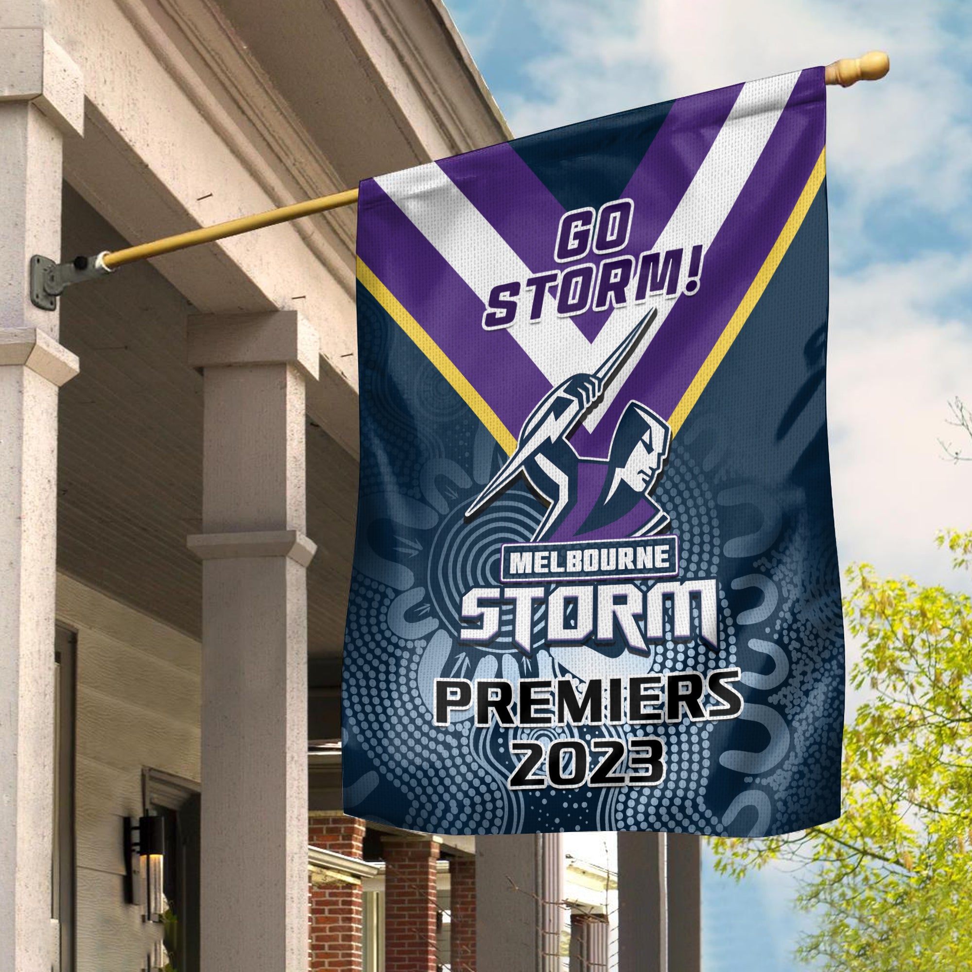 Storm Rugby Garden Flag Aboriginal Go Premiers 2023 - Vibe Hoodie Shop