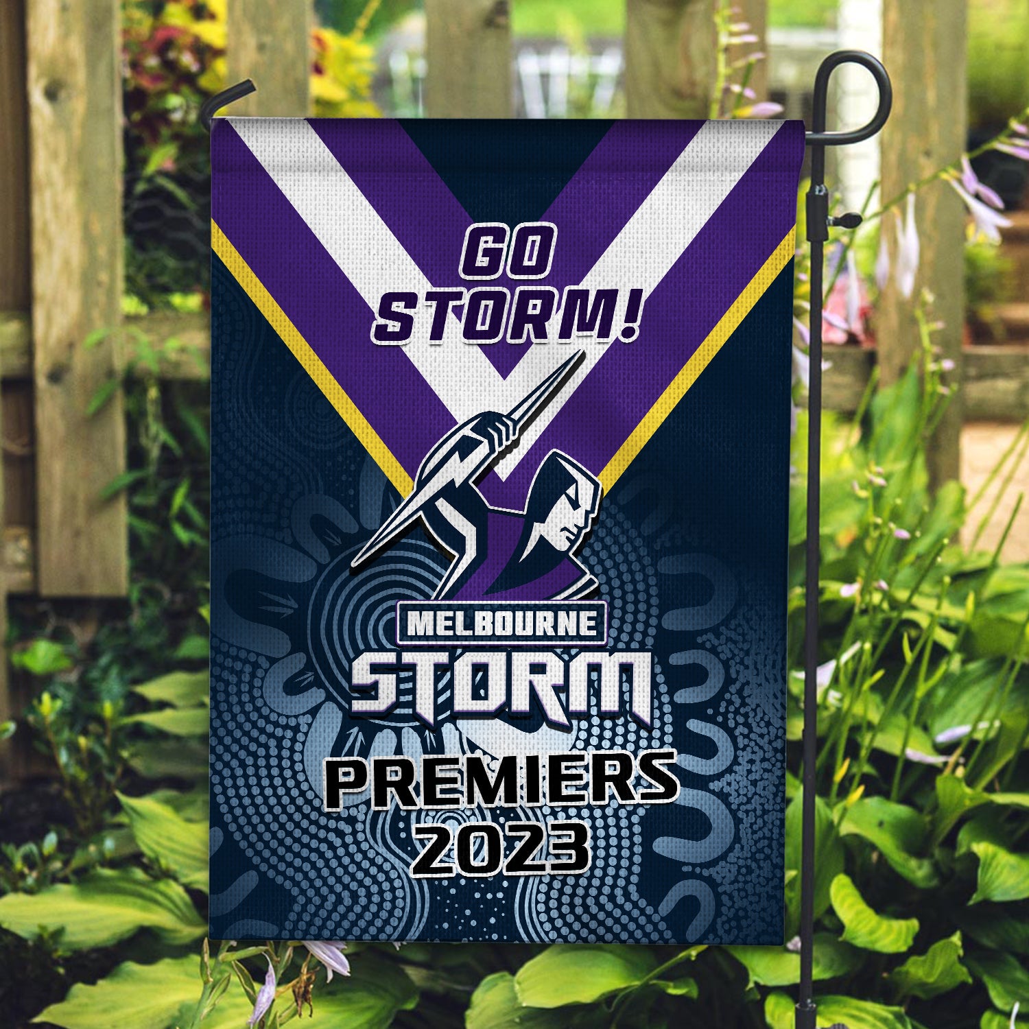 Storm Rugby Garden Flag Aboriginal Go Premiers 2023 - Vibe Hoodie Shop