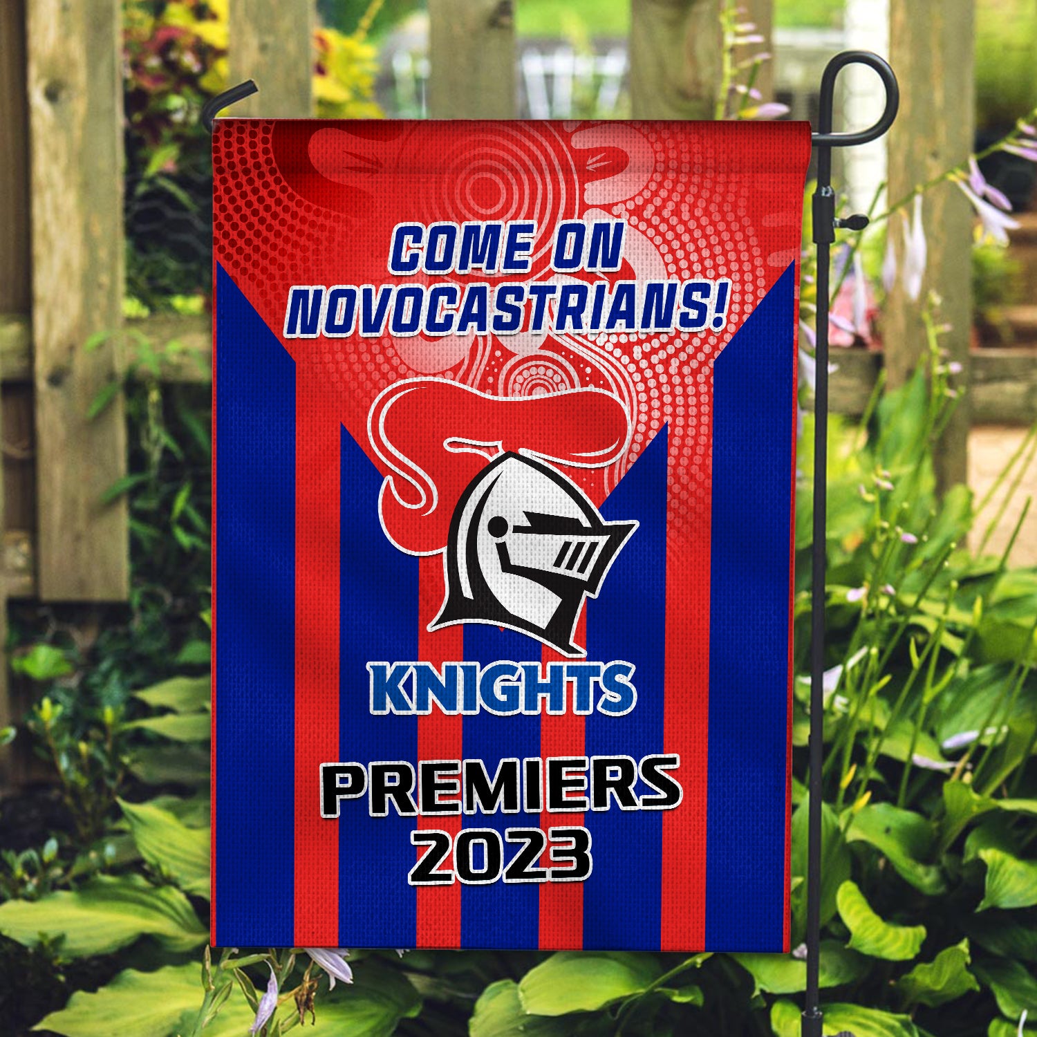 Knights Rugby Garden Flag Aboriginal Go Premiers 2023 - Vibe Hoodie Shop