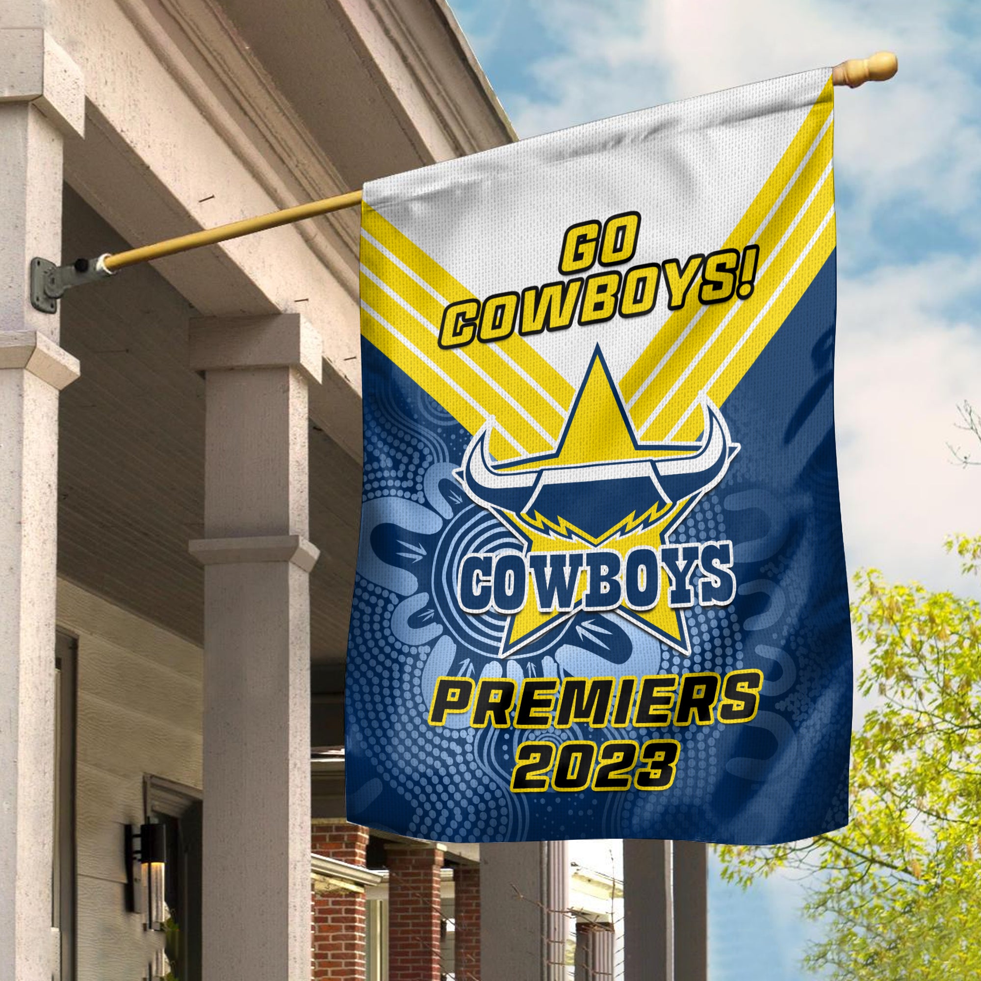 Cowboys Rugby Garden Flag Aboriginal Go Premiers 2023 - Vibe Hoodie Shop