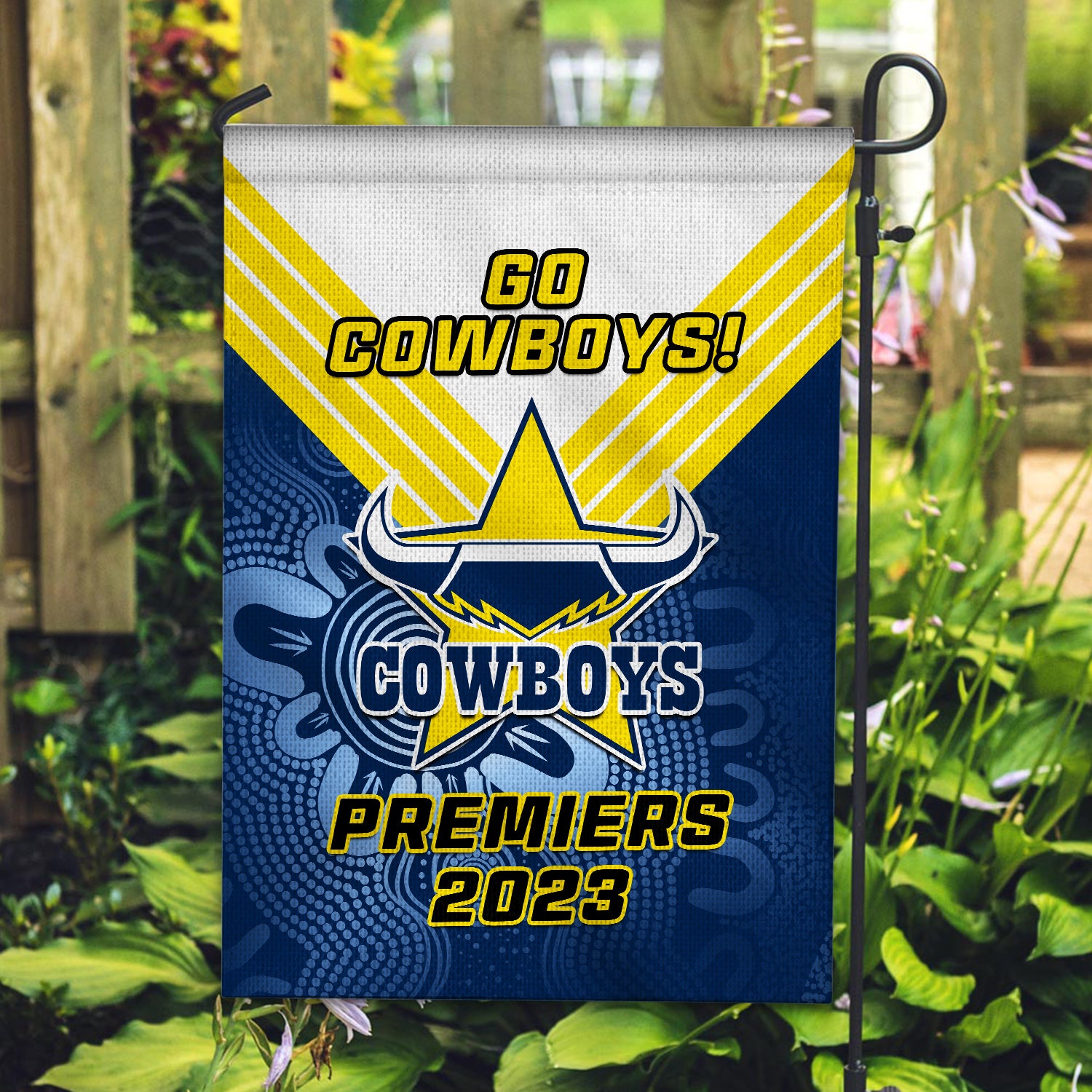 Cowboys Rugby Garden Flag Aboriginal Go Premiers 2023 - Vibe Hoodie Shop