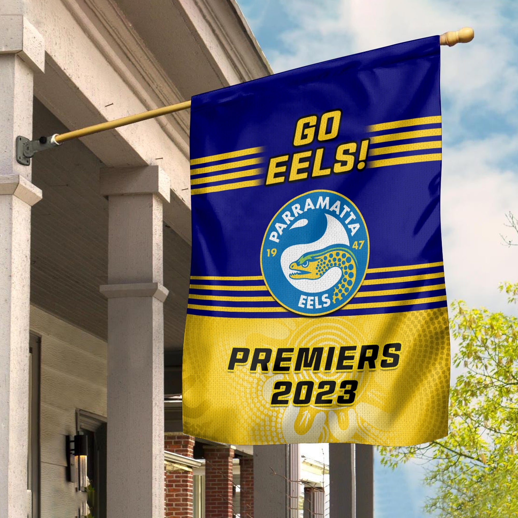 Parramatta Eels Rugby Garden Flag Aboriginal Go Premiers 2023 - Vibe Hoodie Shop