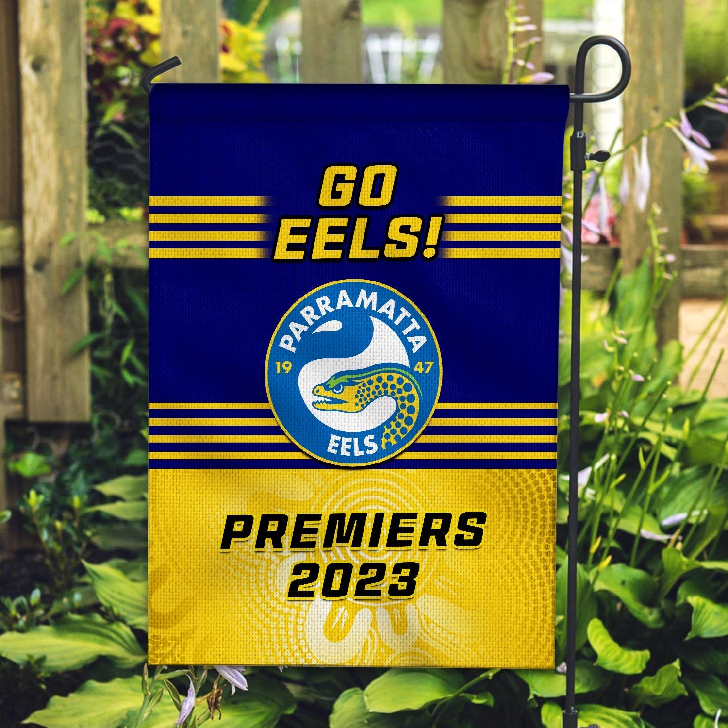 Parramatta Eels Rugby Garden Flag Aboriginal Go Premiers 2023 - Vibe Hoodie Shop