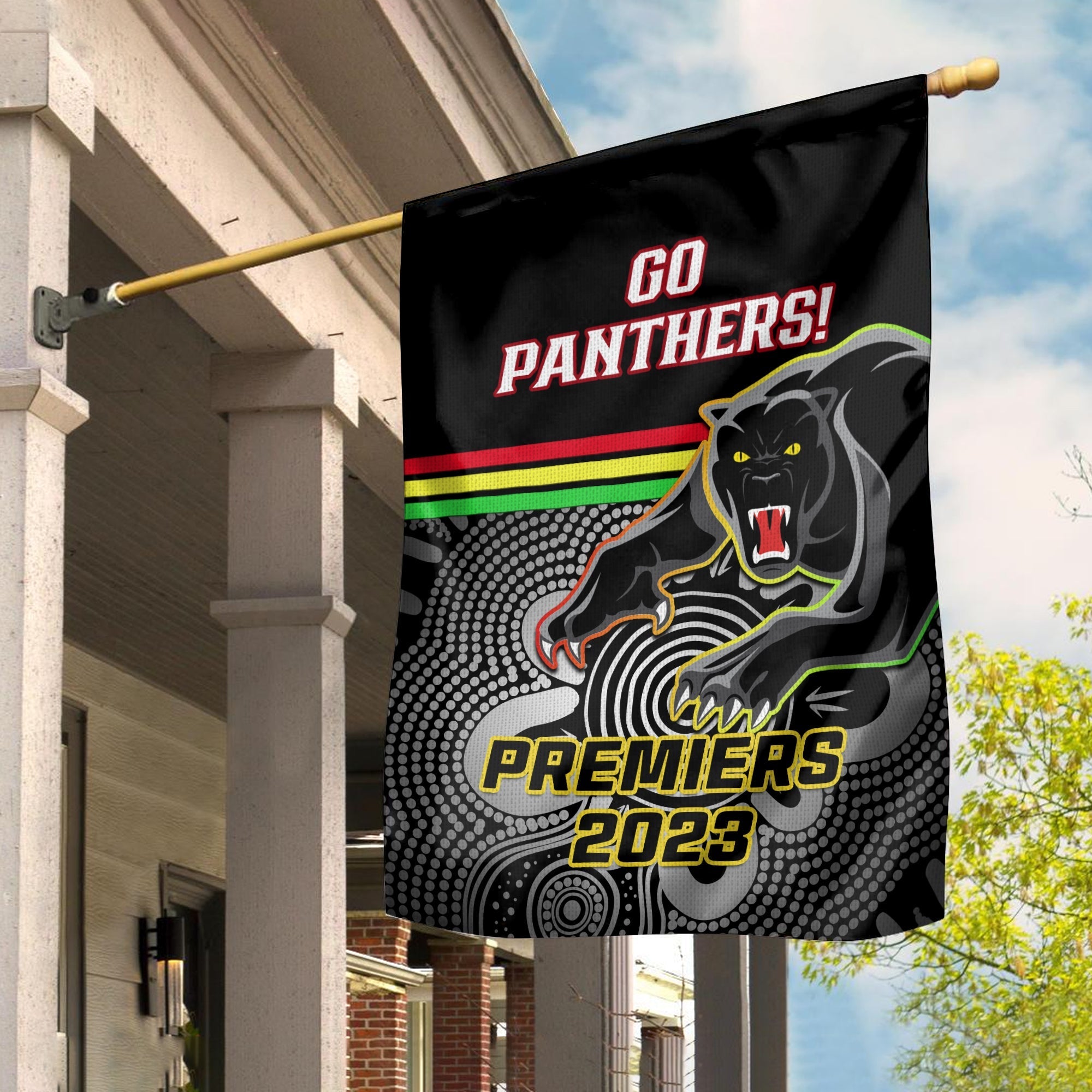 Penrith Panthers Rugby Garden Flag Aboriginal Go Premiers 2023 - Vibe Hoodie Shop